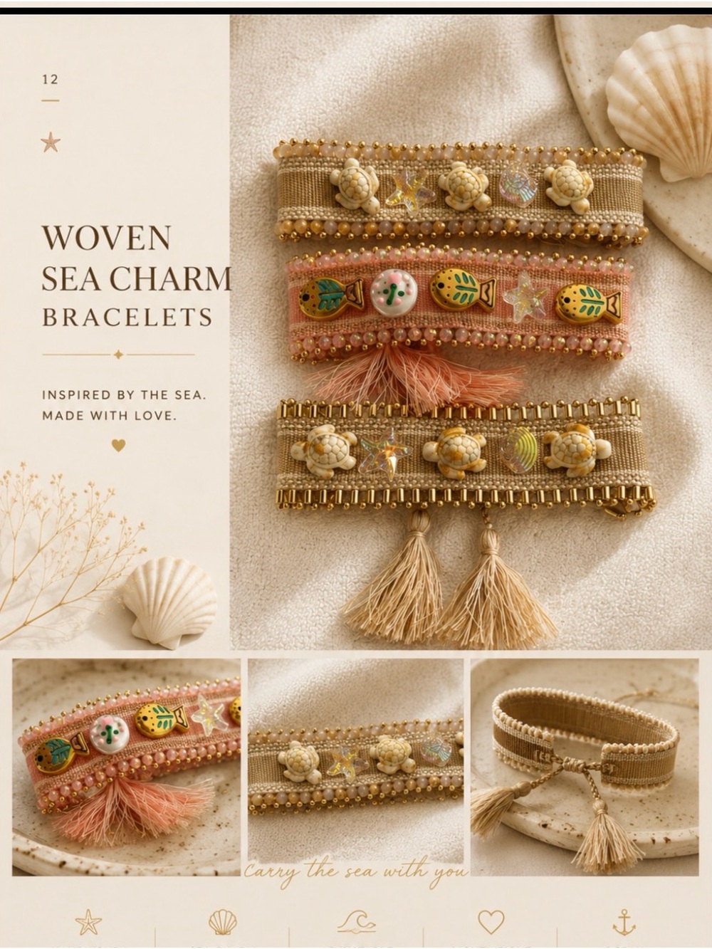 Woven Sea Charm Bracelet Set - Pink & Gold